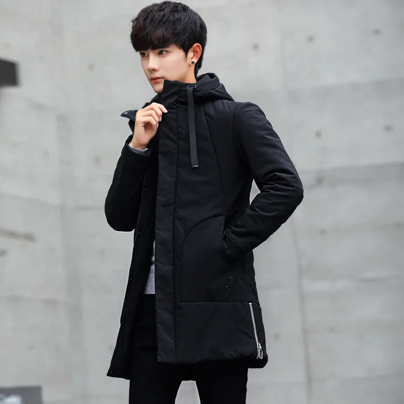 Winter Jacket Men Hooded Slim Korean Long Jacket Cotton Thick Male High ...