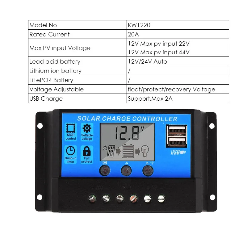 10A 20A 30A 12 V/24 V ЖК-дисплей PWM Напряжение блок управления установкой на солнечной батарее Батарея фотоэлектрическая Панель зарядное устройство лампа регулятора 100W 200W 300W 400W 500W - Цвет: KW1220