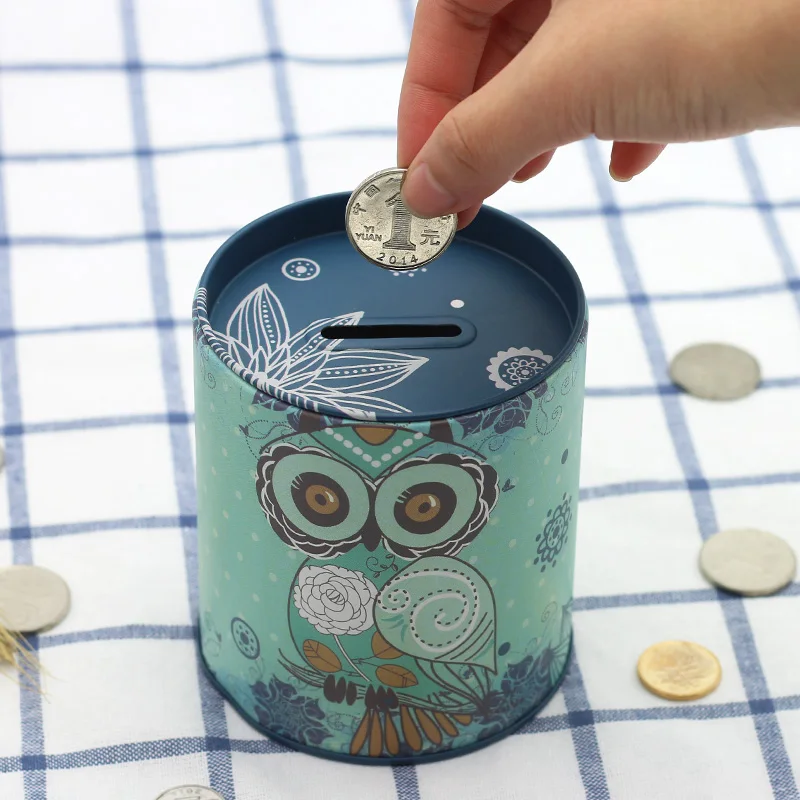 

Cartoon Money Box Owl Pattern Round Coin Storage Box Simple Style Stainless Steel Money Storage Box Creative Christmas Gift