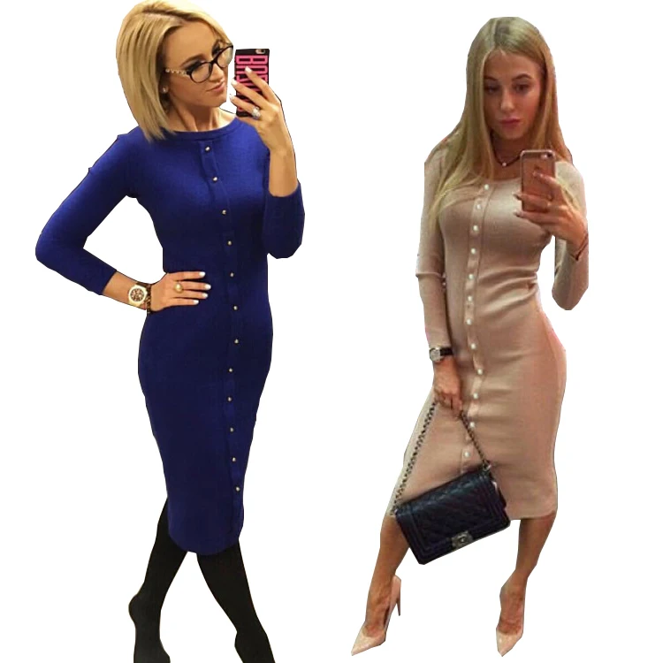 High quality 2016 autumn winter women bodycon office dress knitted long sleeve buttons sheath dress sexy party dresses plus size