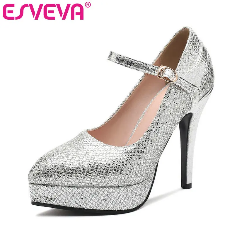 

ESVEVA 2019 Women Pumps Thin Super High Heel Sequins Fashion PU Sexy Pointed Toe Silver Shoes Fashion Platform Size 34-43