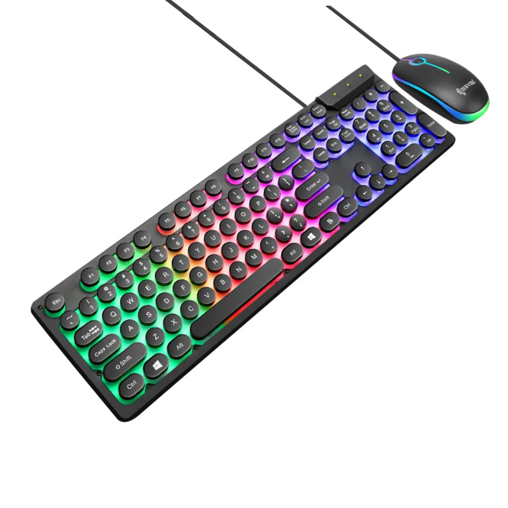 

LED Rainbow Color Backlight Gaming Game USB Wired Punk Keyboard Mouse Set Mult button,Comfortable touch#25