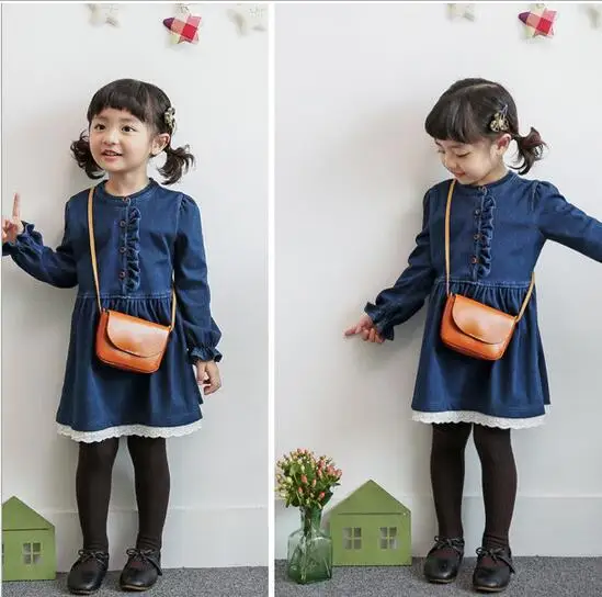 

2016 NEW girls dress Girls lace long-sleeved denim dress children dress 2-6YEAR