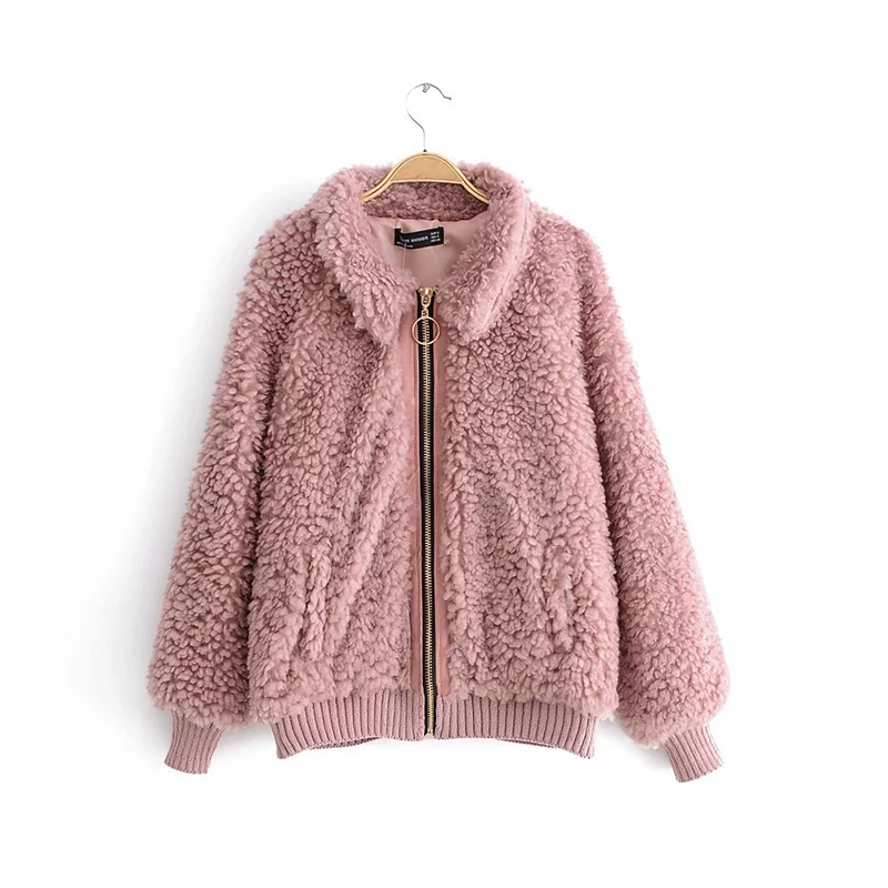 Laine Revers D'agneau Femmes Zipper coffee D'hiver Manteau Automne Base Chaud 2018 Suède Faux Survêtement Femelle Courte Rose Solide Veste De qgwExtd1