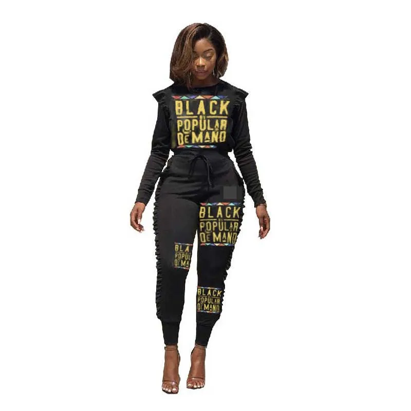 

New Spring Casual Letter Printed Ruffles Two Piece Set Women Bandage Ruched Overalls Sweatshirt Tracksuit