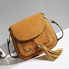 2016 Casual Women Handbags PU Nubuck Leather Rivets Tassel Hand Bag Flap Shoulder Messenger Crossbody Black Bags Saddle Gifts
