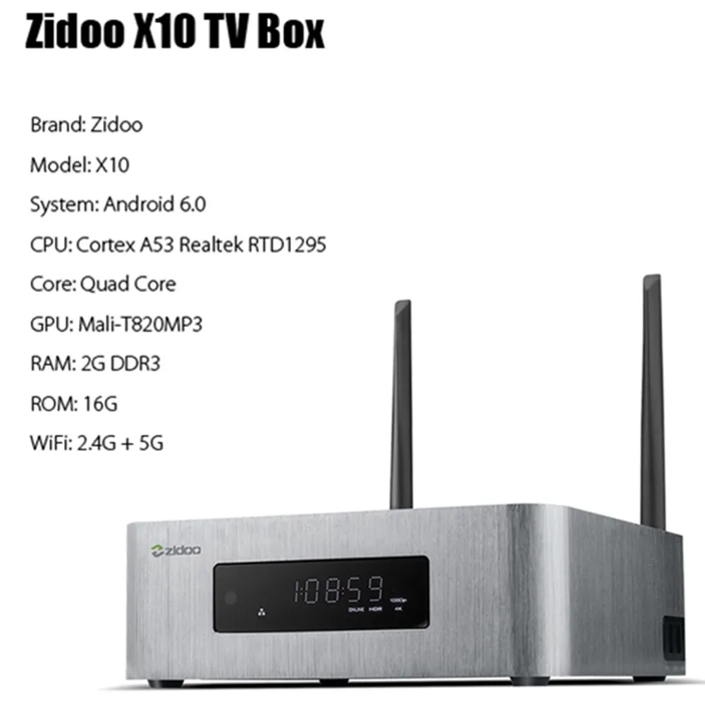 

ZIDOO X10 Andoid 6.0 Smart TV Box Dual System Quad Core 2G/16G Dual Band WIFI 1000M LAN HDR USB 3.0 SATA 3.0 Media Player