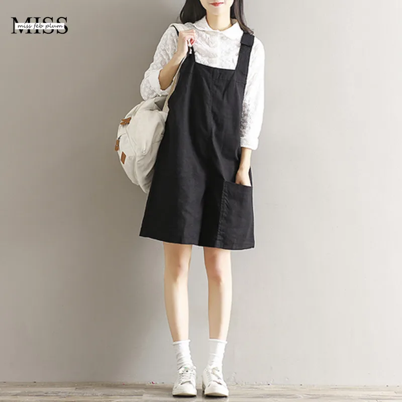 New 2017 Plus Size Black Casual Cotton Linen Overalls Wide