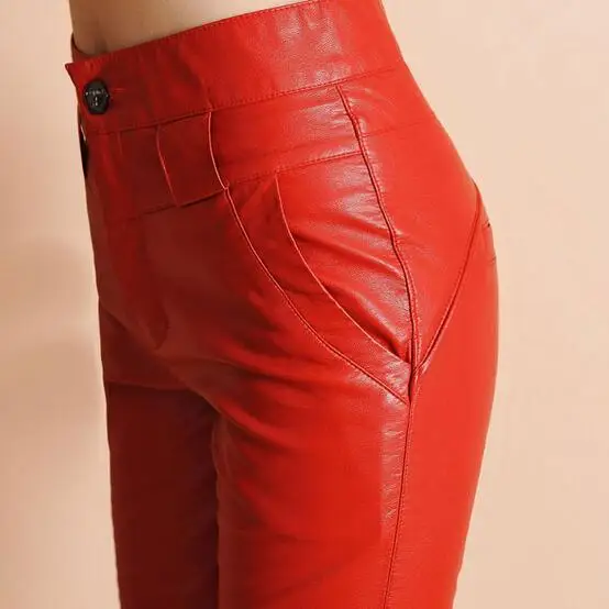 2018 Cintura Otoño Más Sexy Ah494 De Tamaño Slim Rojo Formal Cuero negro Pantalones Mujeres Alta Invierno Largo Pu rgd8rw