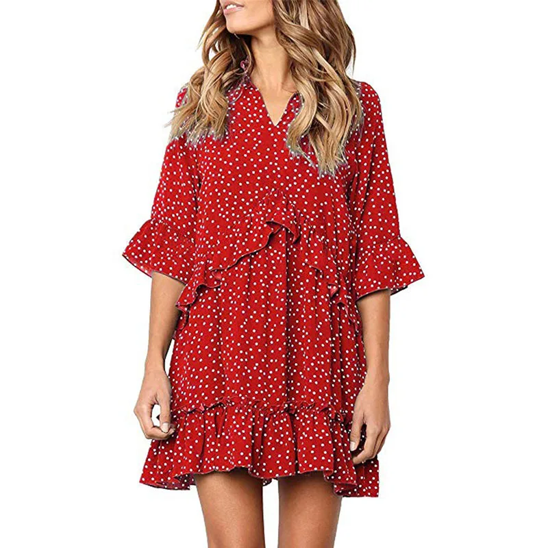 

DORVIVON zomer jurk plus size summer dress 2019 polka dot printed women dresses flare sleeve vintage ruffles beach ladies dress
