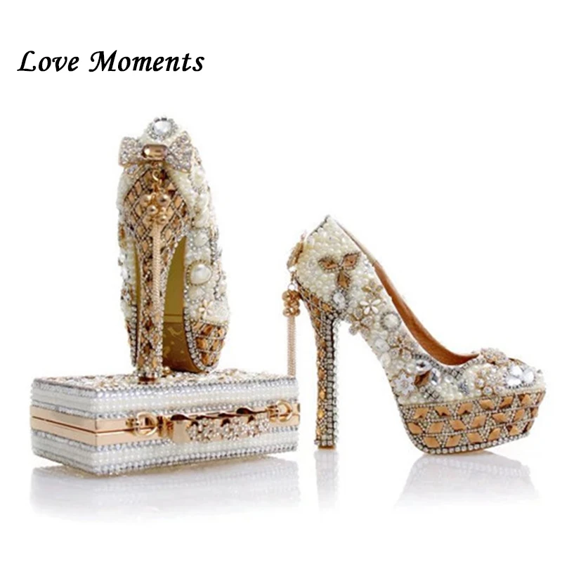 Luxury Beige Pearl Wedding shoes with matching bags 3