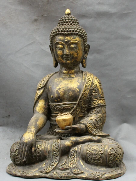 

JP S62 20" Tibet Buddhism Bronze Shakyamuni Amitabha Buddha Bowl Dragon Robe Statue