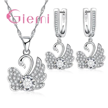 

925 Sterling Silver Elegant Trendy White Swan Wedding Jewelry Sets Beautiful Pendant Necklace & Hoop Earrings For Women Bridals