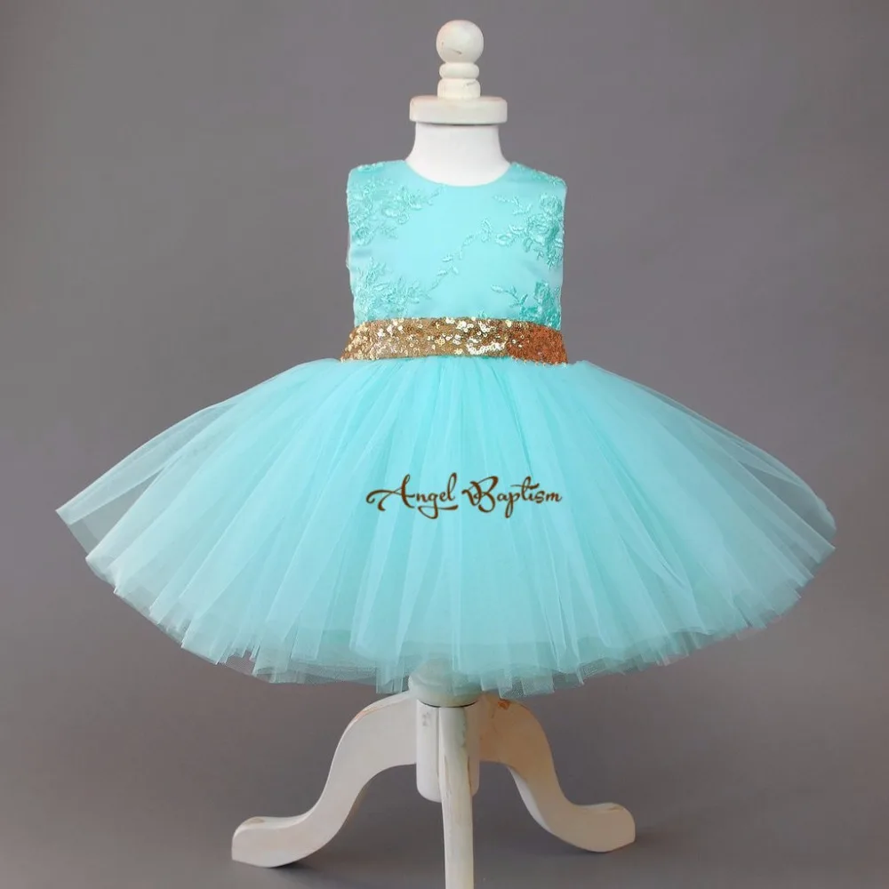 

Sweet Mint flower girl dresses short lace appliqued tutu dress gold sequin and bow baby first birthday princess pageant dress
