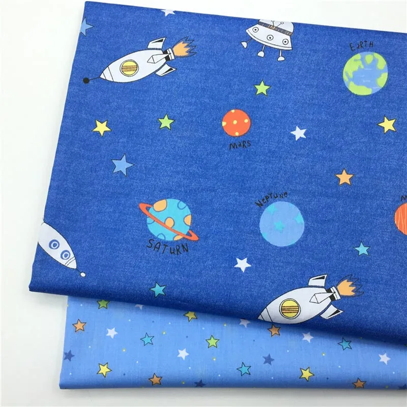 100% хлопок twill Ткань мультфильм Синий космический корабль ракеты звезды ткань для