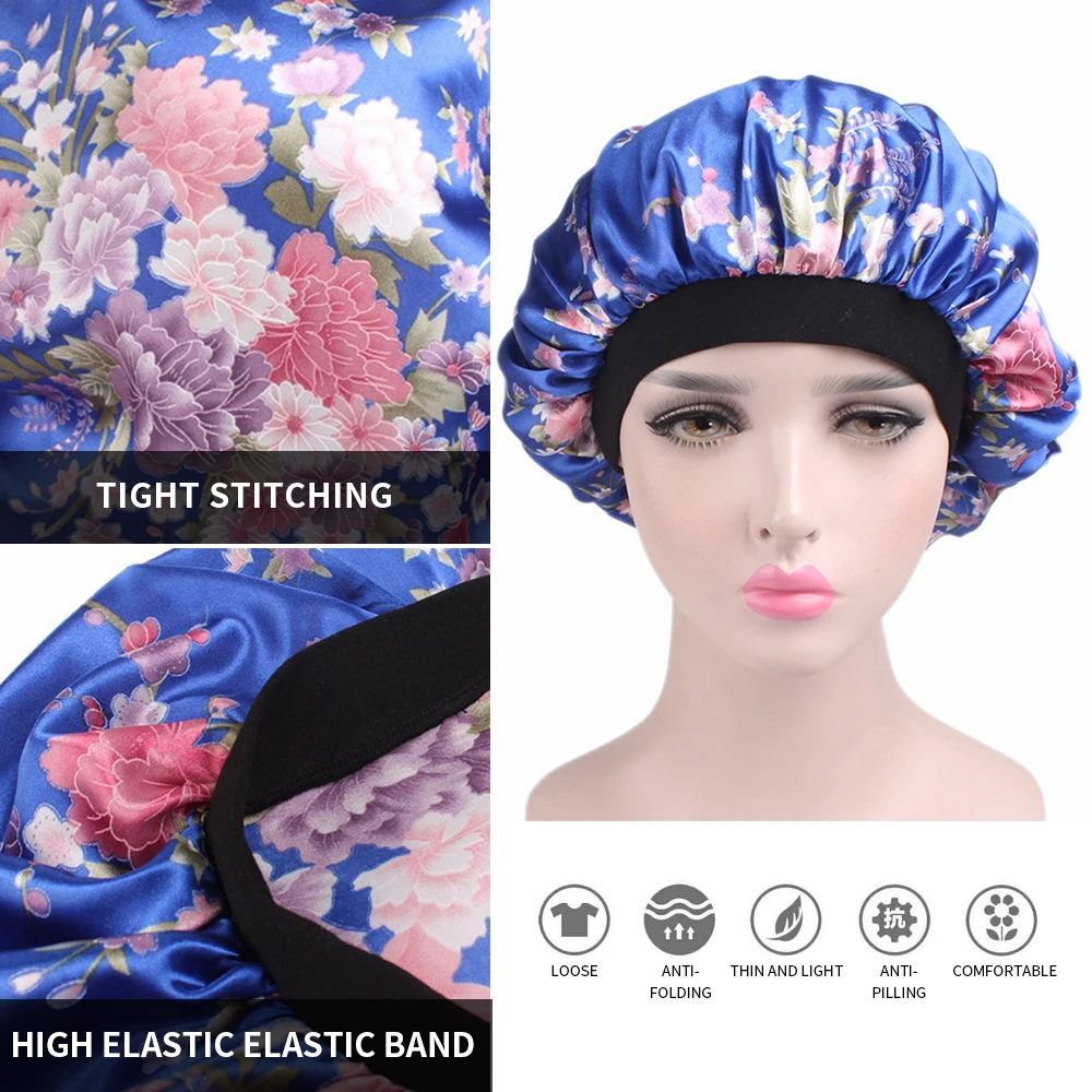 Satin Hair Bonnet Night Sleep Cap For Women Shower Caps Elastic Band Silk Head Cover Long Hair Care 58cm