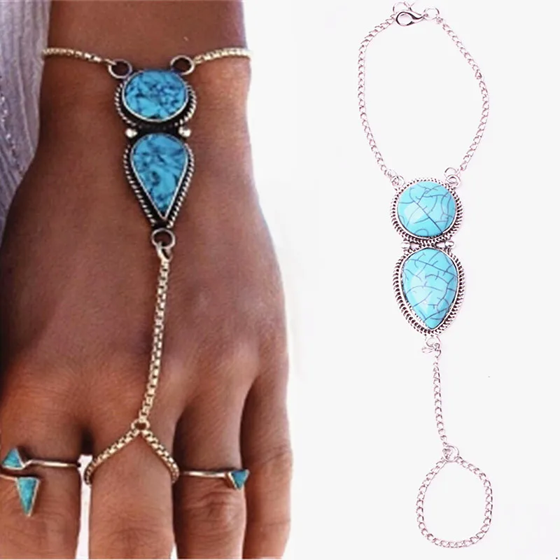 Пляжное, в стиле бохо, Винтаж Браслеты с бирюзой для женщин мужчин этнический стиль мульти Звено Цепи Переплетения Браслет, соединенный с кольцом на пальце браслет ювелирные изделия