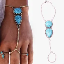 Пляжное, в стиле бохо, Винтаж Браслеты с бирюзой для женщин мужчин этнический стиль мульти Звено Цепи Переплетения Браслет, соединенный с кольцом на пальце браслет ювелирные изделия