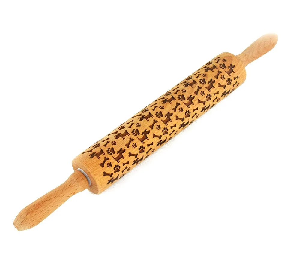 Dog Pattern Wooden Rolling Pin Laser Embossing Baking Cookies Noodle Biscuit