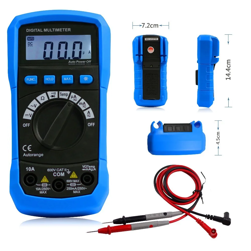 AideTek auto range multimeter ohm AC DC buzz temp backlight max vs