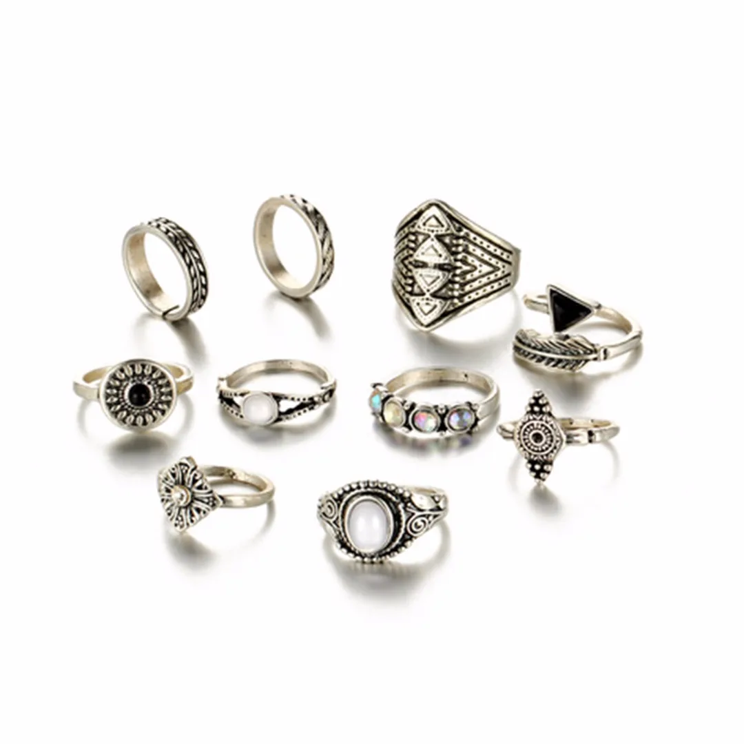 10pcs/set Vintage Steampunk Ring Sets Shellhard Punk Leaf StoneStacking Midi Finger Ring for Women Jewelry Female Anillos