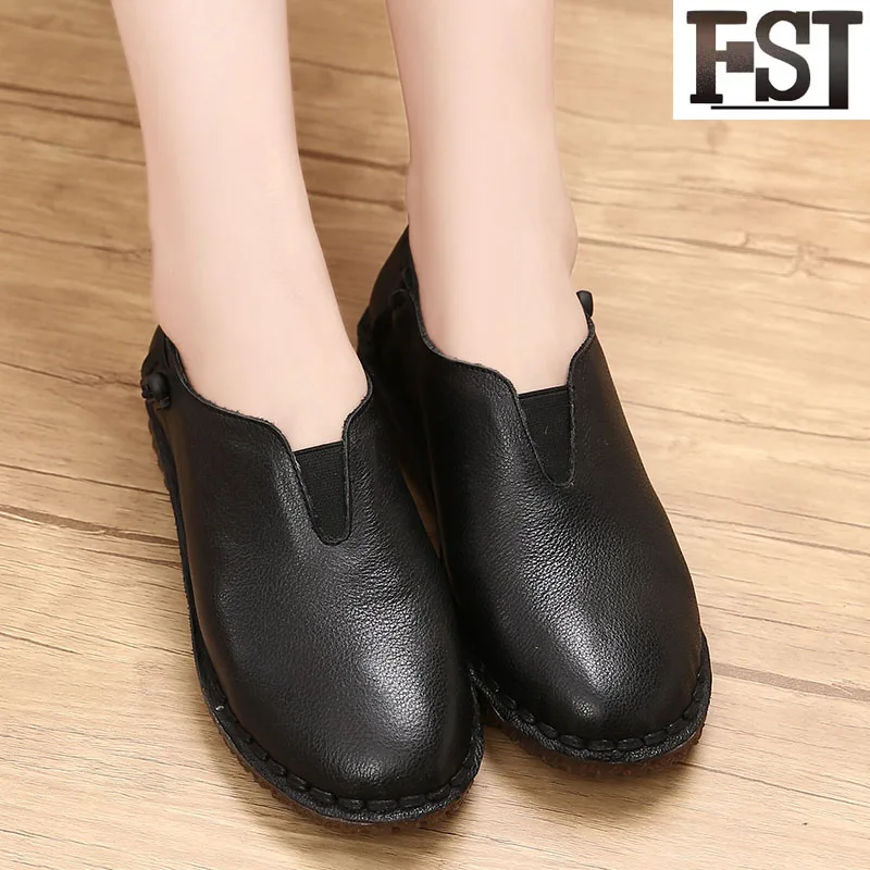 

FSJ Genuine Leather Ladies Cow Leather Solid Round Toe Synthetic Slip-On Spring/Autumn Unique Fashion Sewing Mature Personality