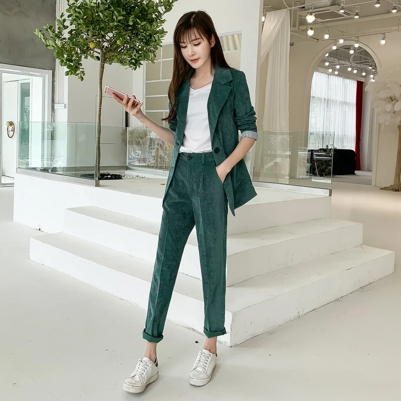 

2019 autumn new Office lady pant suits Women's corduroy pant suits Blazers suit jacket two-piece casual British wind suit Sets