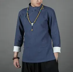 Китайский хан костюм мужской с длинными рукавами льняные рубашки с хлопковая блузка Мужской Hanfu Лен Хлопок Тан костюм только топы