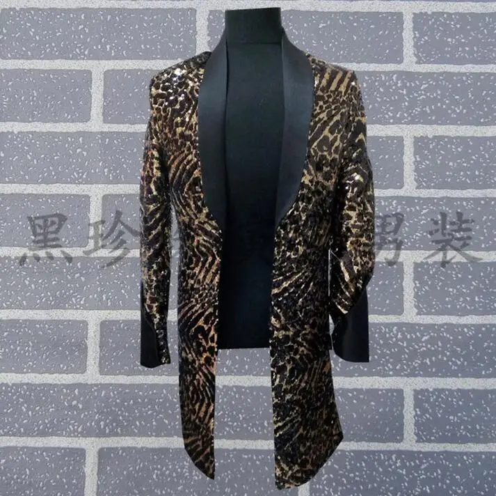 Goud luipaardprint mannen lange suits ontwerpen podium kostuums voor zangers mannen sequin blazer dans kleding jas ster stijl jurk