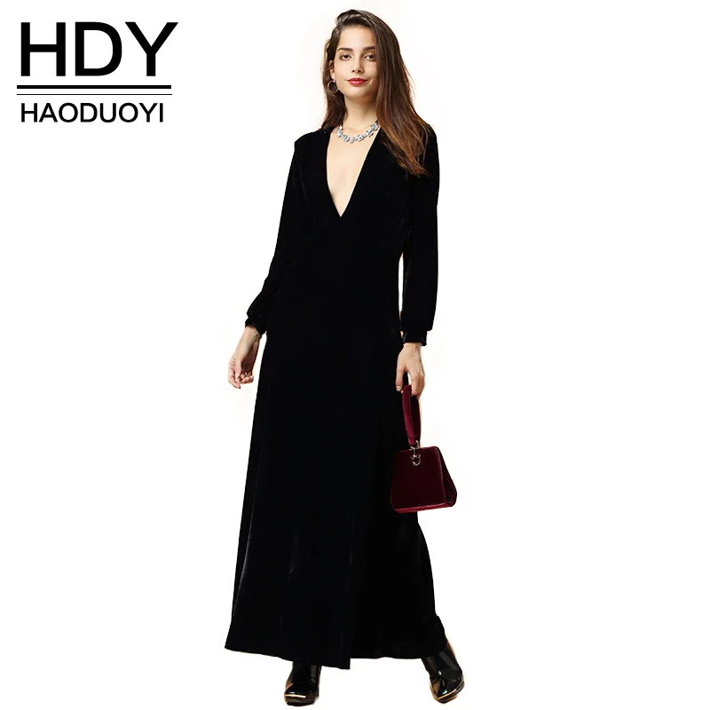 Женское платье макси HDY Haoduoyi черное бархатное с длинным рукавом и глубоким