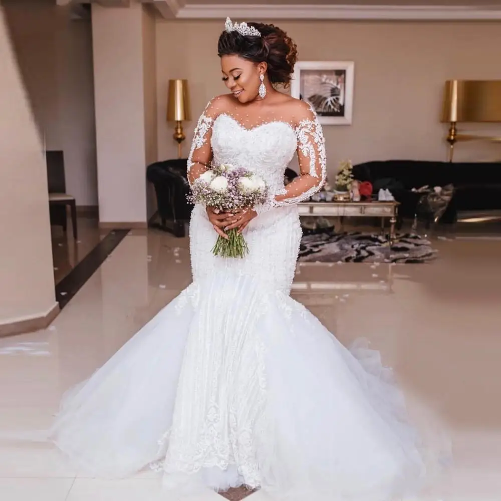 

Luxury Beading Mermaid Wedding Dresses Long Sleeve Appliques Pearls African Wedding Gowns Plus Size Bridal Vestido de noiva 2019