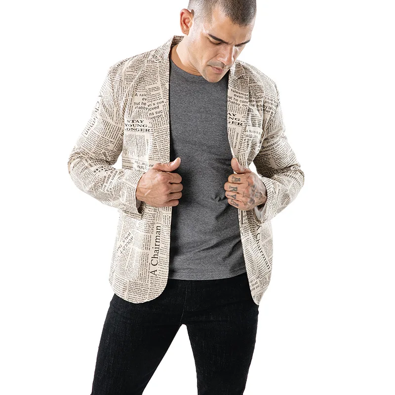 Креативный мужской блейзер с газетным принтом, модный Мужской приталенный пиджак, Блейзер, Повседневный, на одной пуговице, деловой костюм для мужчин