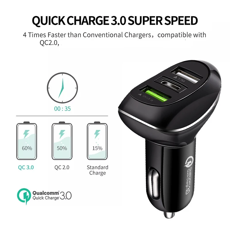 CHARMOON Quick Charge QC 3,0 USB Автомобильное Зарядное устройство USB-C автомобиля мобильный телефон Зарядное устройство с зарядный кабель для Samgsung S8Fast тип C