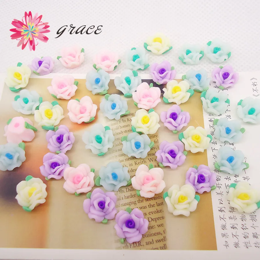 

50pc/lot 13m Cute Colors Small Clay Fimo Resin Rose Flatback Flower Beads Fit Sticker Floral Earring Making Decoration Accessory