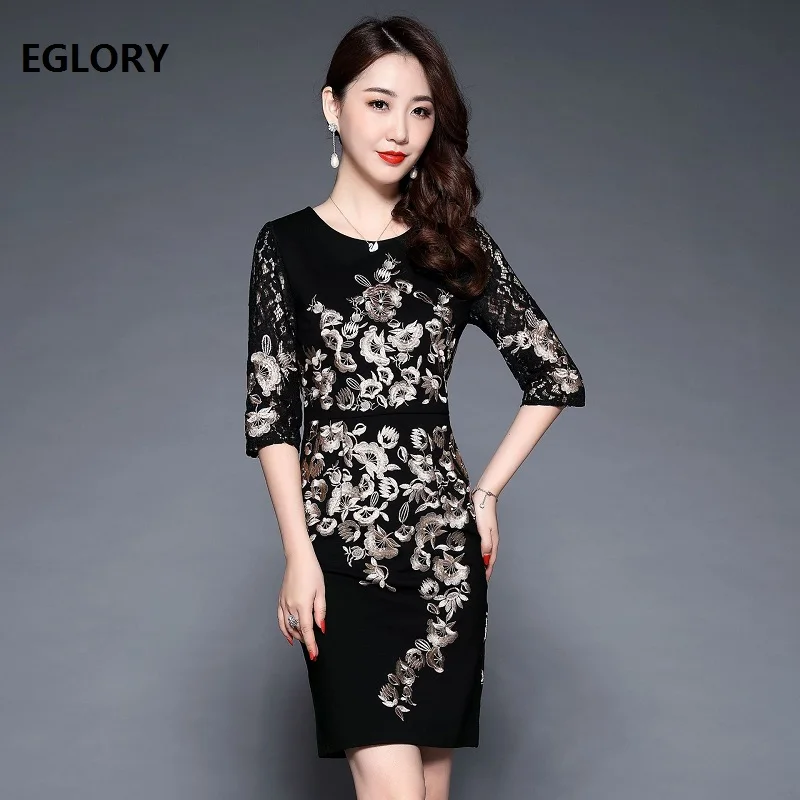 

New Plus Size Clothing 2019 Spring Dress Women O-Neck Lurex Golden Embroidery 3/4 Sleeve Bodycon Sheath Vintage Dress Robe Femme