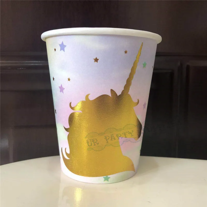 30pcs Foil Gold Unicorn Paper Cups 270ml Drinking Cups Wedding Birthday