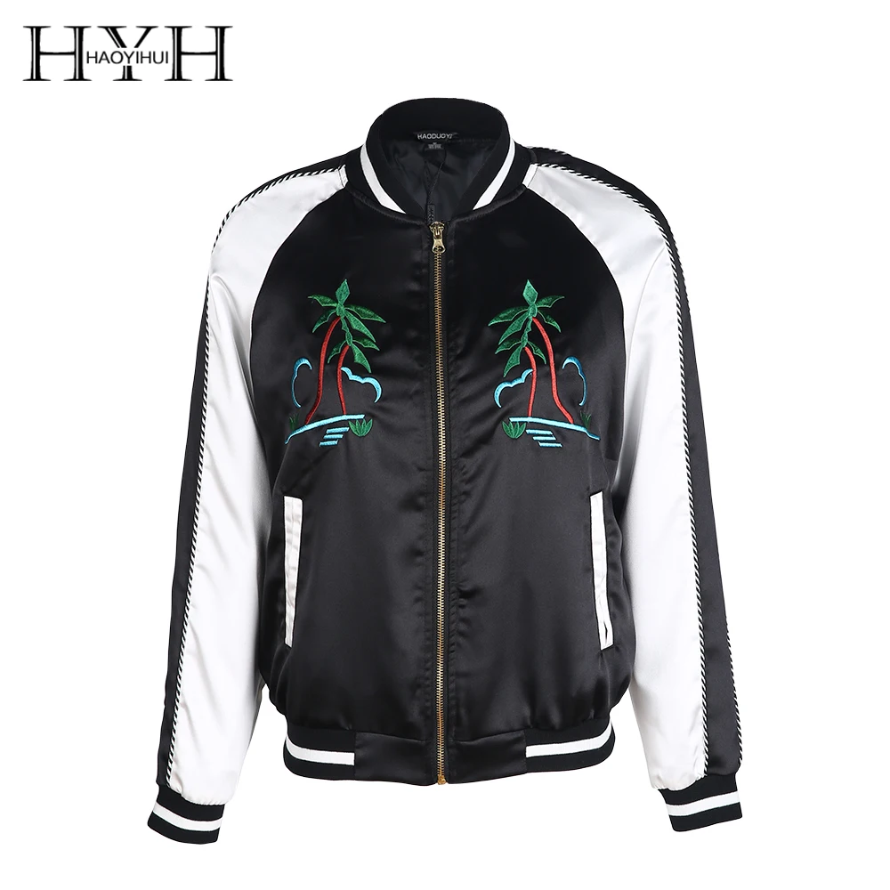 

HYH HAOYIHUI Women Coats Black Casual Stain Outwear Autumn Embroidery Female Chic Jacket Loose Floral Embroidery Bomber Jackets