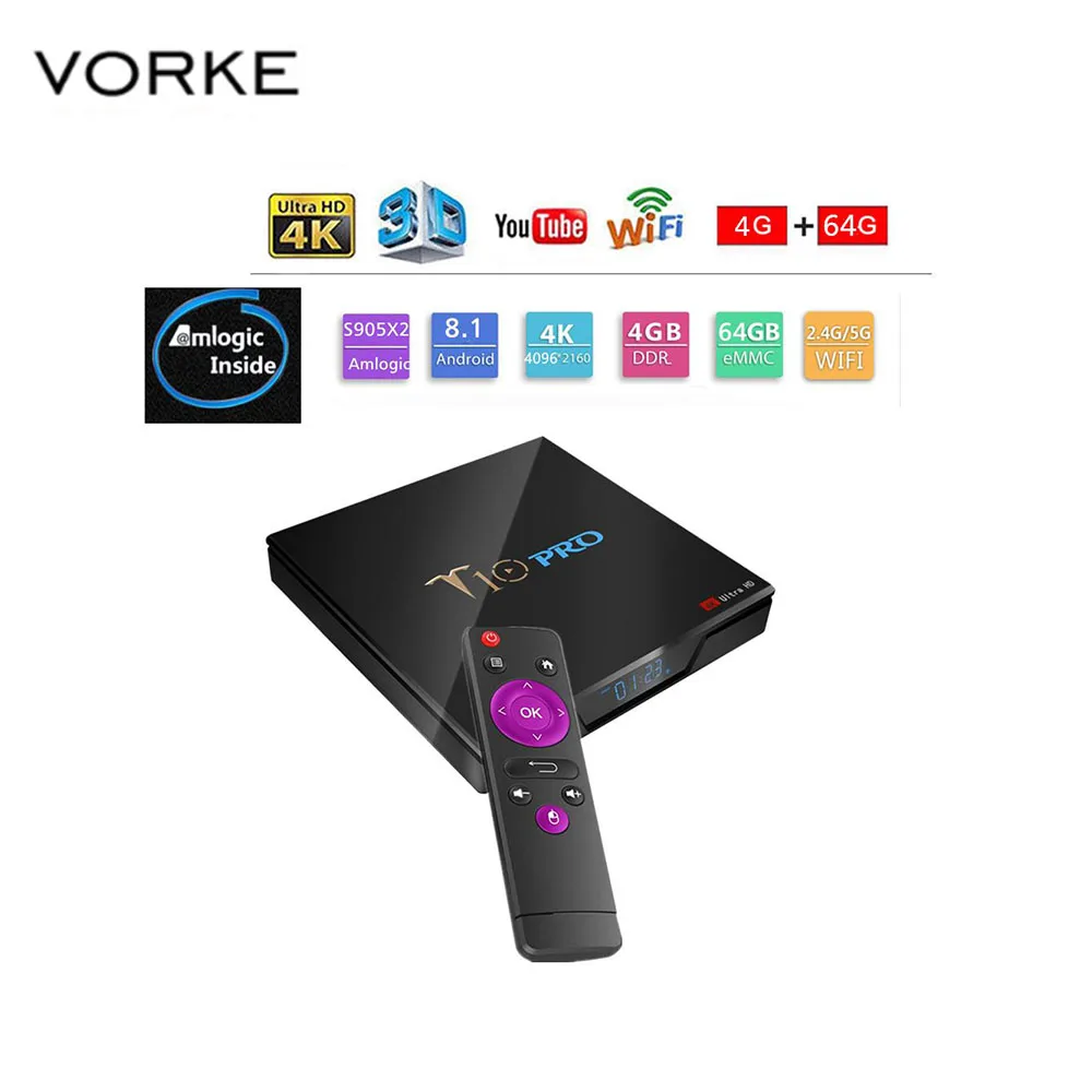 

Vorke T10 PRO Android TV BOX Amlogic S905x2 4G/64G Smart TV Box 2.4G+5G WIFI Bluetooth 100M LAN Set-Top Box