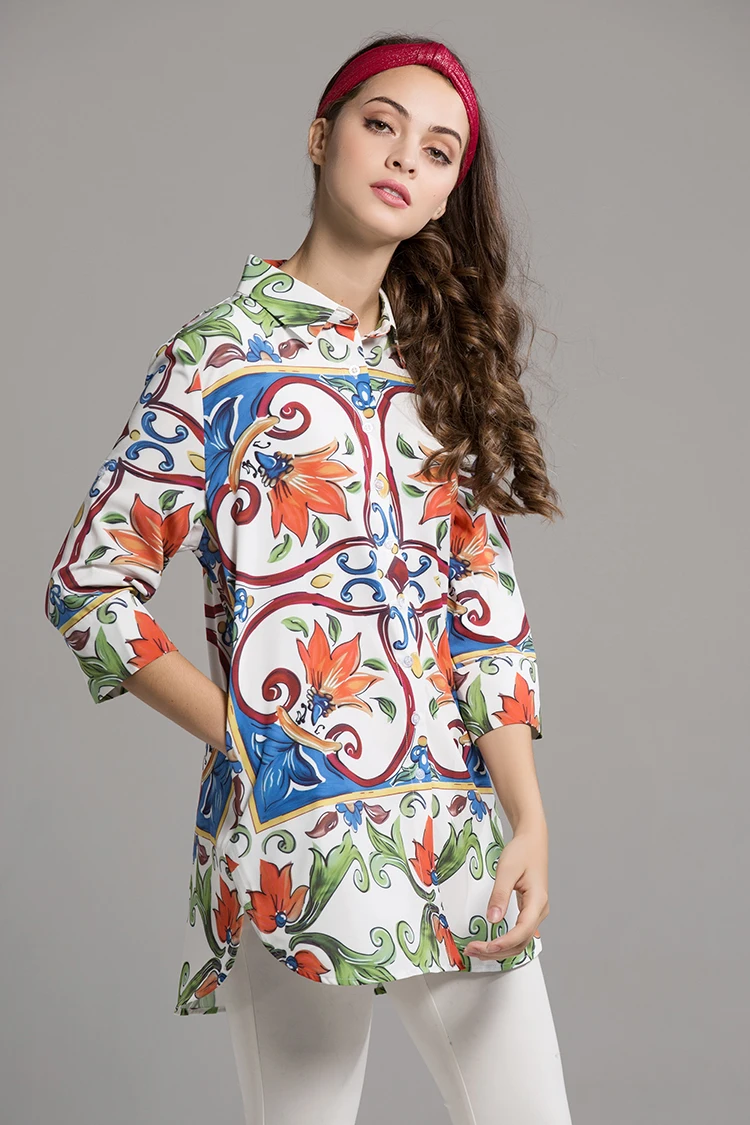 Разноцветная белая и синяя фарфоровая женская рубашка Осенняя мода с принтом листьев 3/4 рукав средней длины блузки в богемном стиле