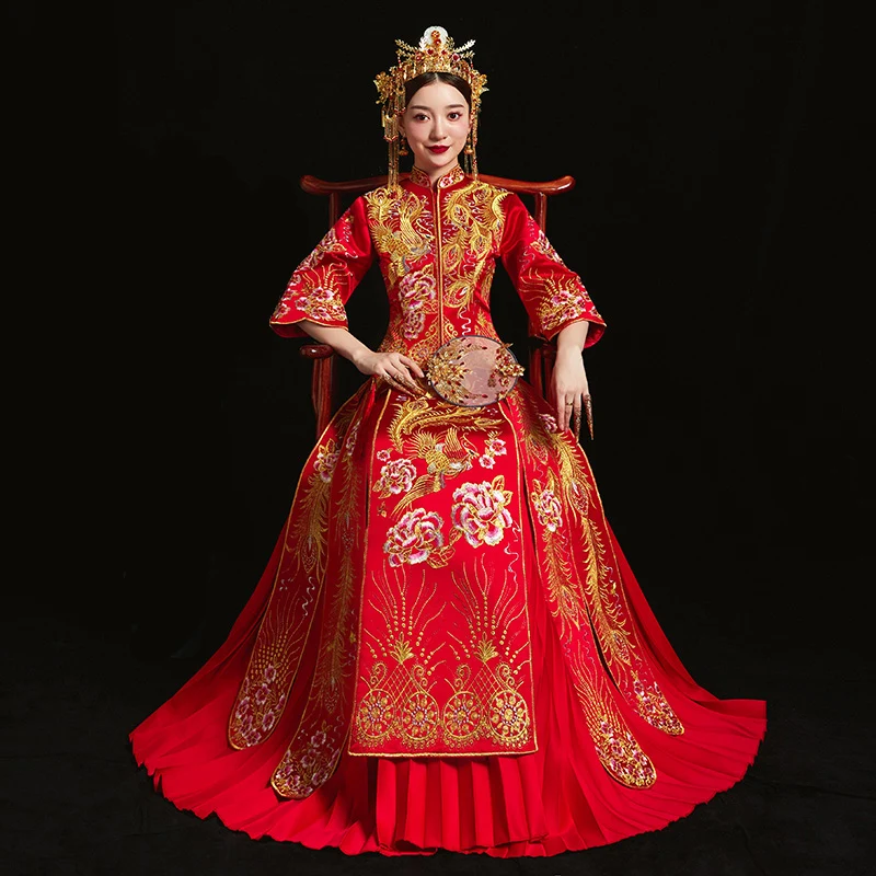 Красный невесты cheongsam Винтаж китайский стиль свадебное вечернее платье костюмы Вышивка Феникс костюм Ципао Vestidos размеры S-XXXL