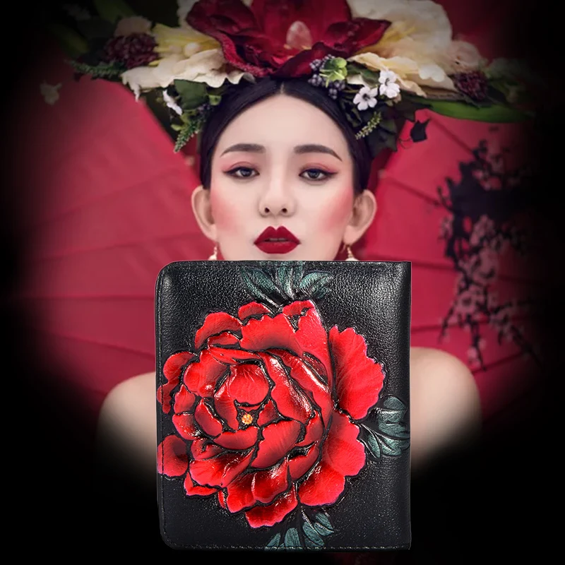 

2018 new wallet lady short thin leather wallet Korean version flower retro zero wallet cowskin little money.