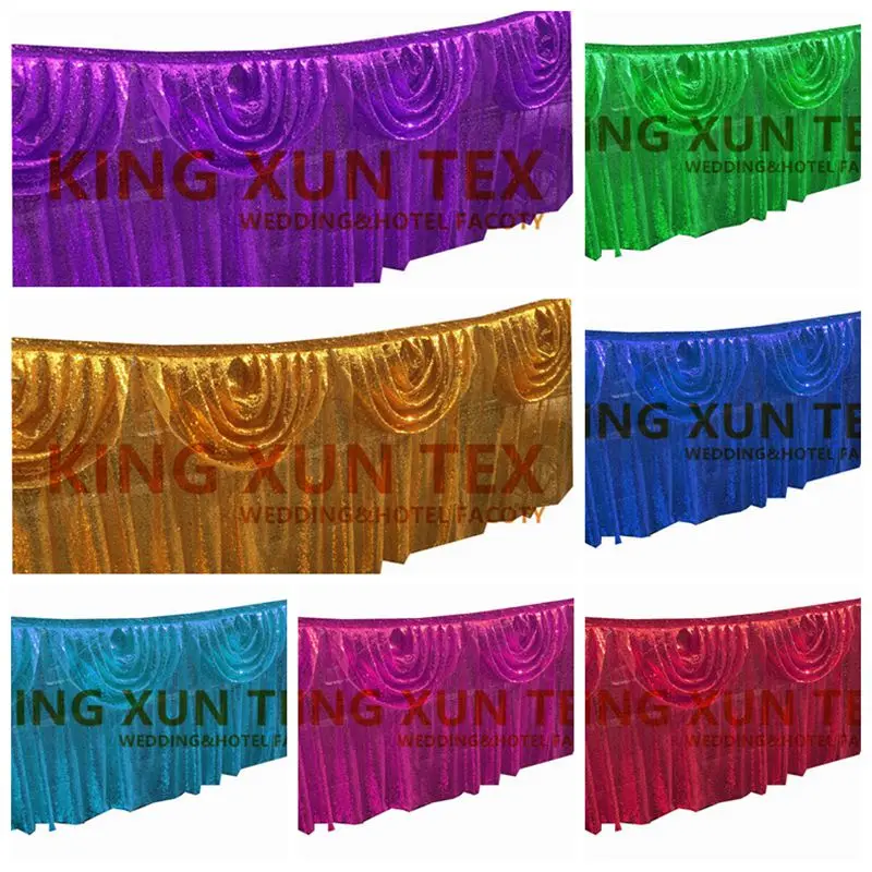 

New Design Sequin Table Skirt With Valance Swag Wedding Table Cloth Skirting