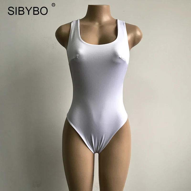 Sibybo 2019 Sexy Chic Backless Bodysuit Women Black / White Deep V Neck Summer Bodycon Bodysuit Rompers Womens Jumpsuit