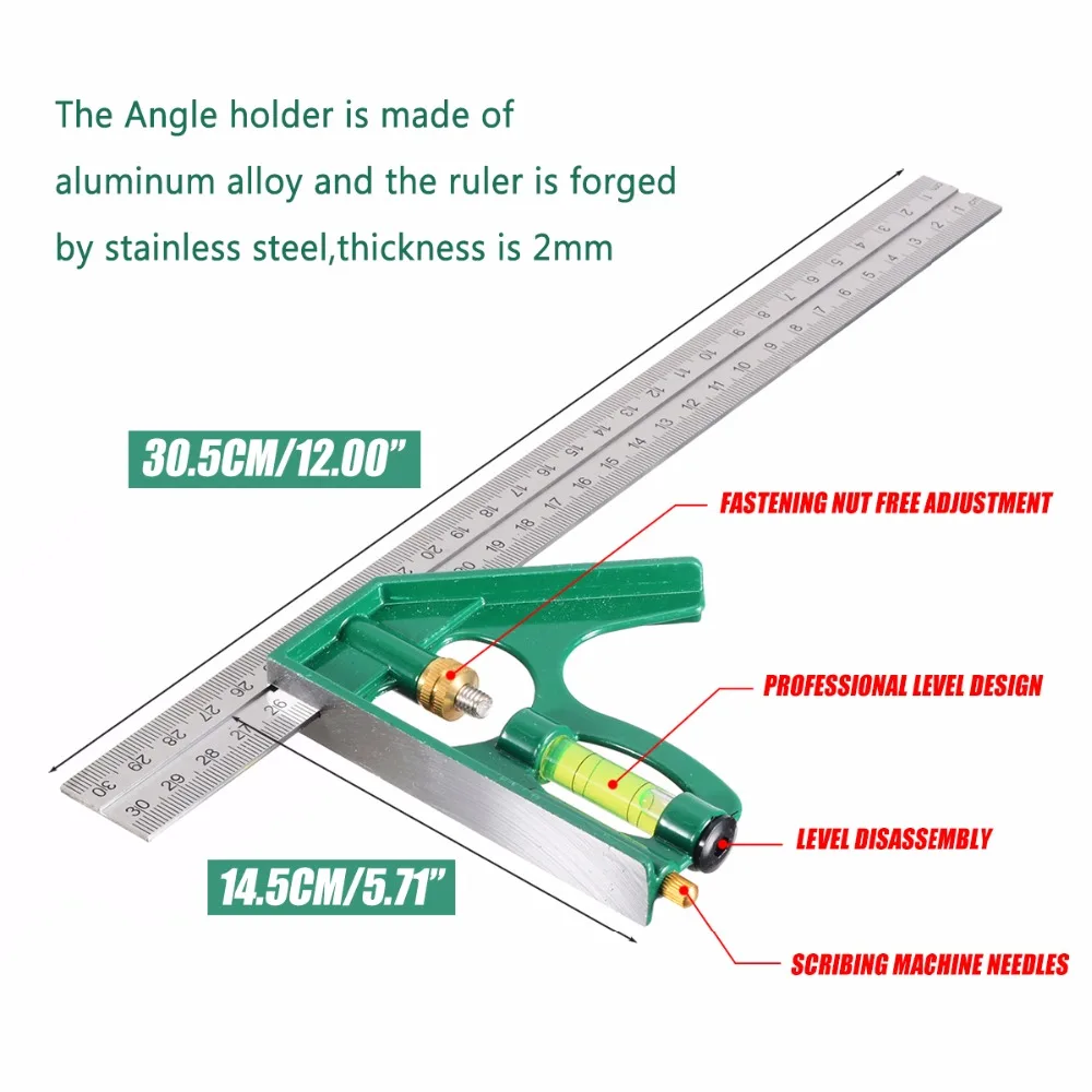 

300mm Combination Square Angle Ruler 45/90 Degree Movable Measuring Rulers with Bubble Level Measuring Tool