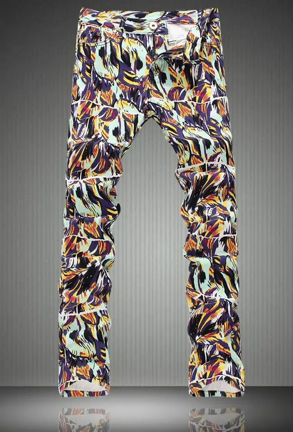 Fashion Novelty Graffiti Print Men Slim Jeans Fashion Colorful Pencil Pants