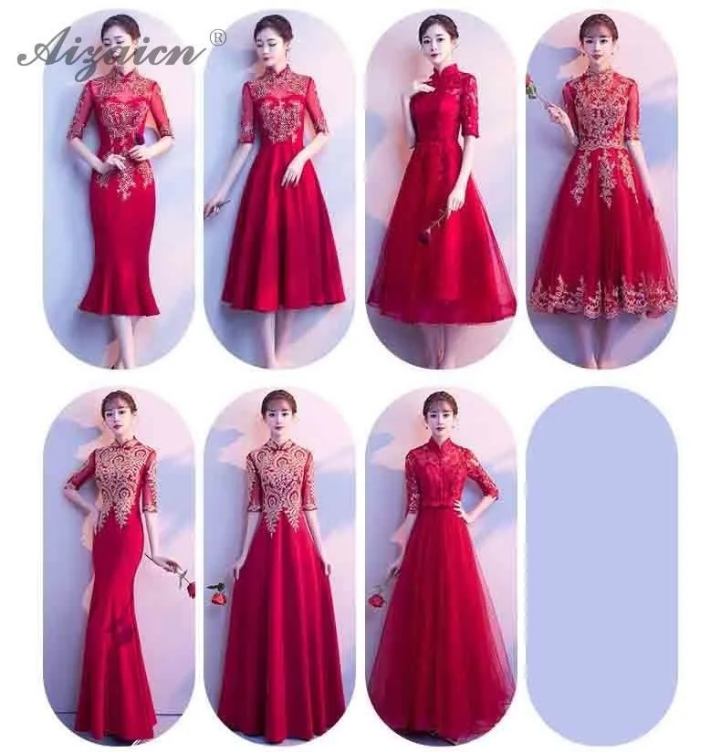 Encaje de Cheongsam larga восточные Платья de boda de las mujeres chino tradicional ropa Qipao Chinoise vestido de noche rojo