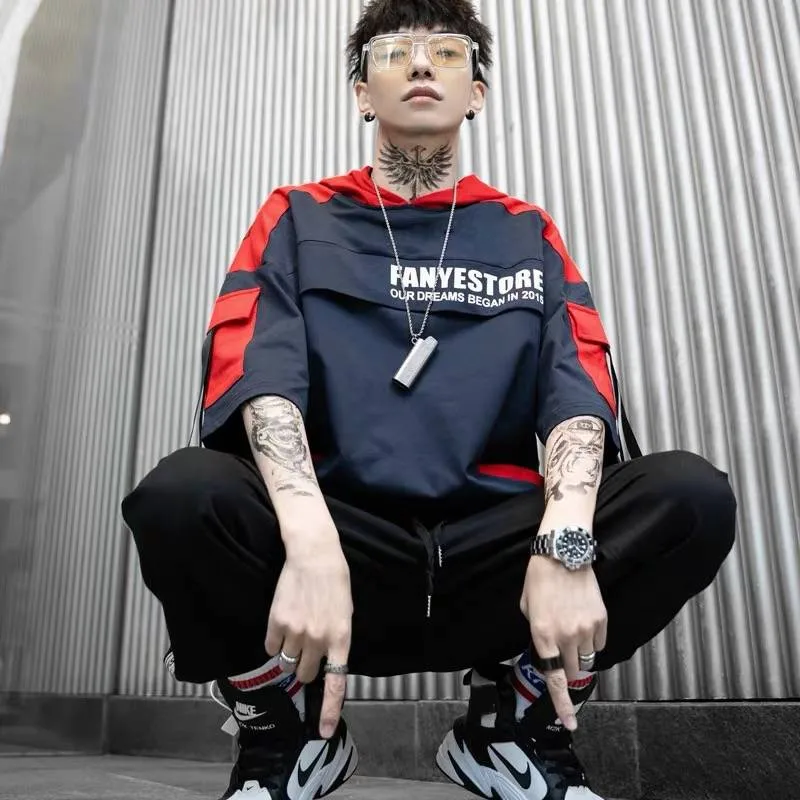

Hip Hop T-shirts Men Korean Harajuku Oversized Tops Tee Shirts Japan Tshirt Streetwear Casual Hooded High Street T Shirts Boy