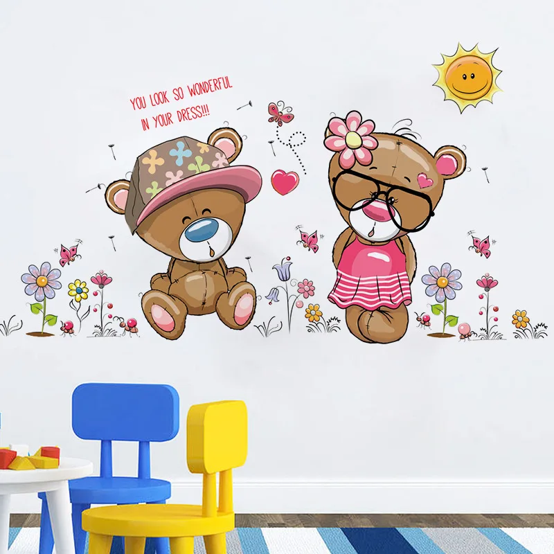 

Cartoon Lovely Couple Bears Wall Stickers Home Decor Kids Room Nursery Vinyl Mural Decal Living Room Wall Decals SK7009