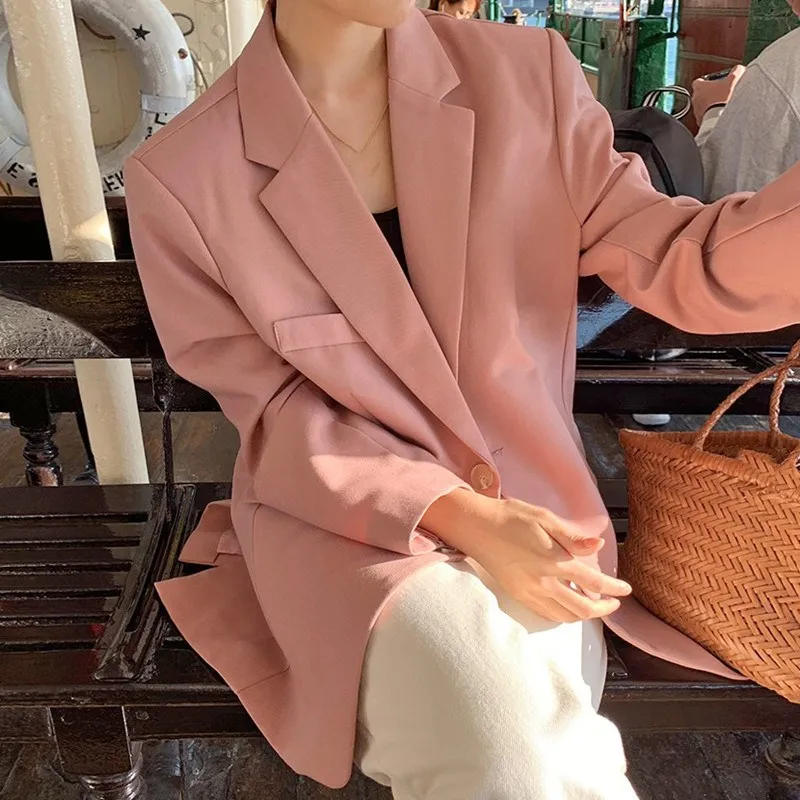 2019 Spring Women Casual Single Breasted Pocket Solid Plus Size Blazers Elegant Office Fresh Outwear Pink Blazers