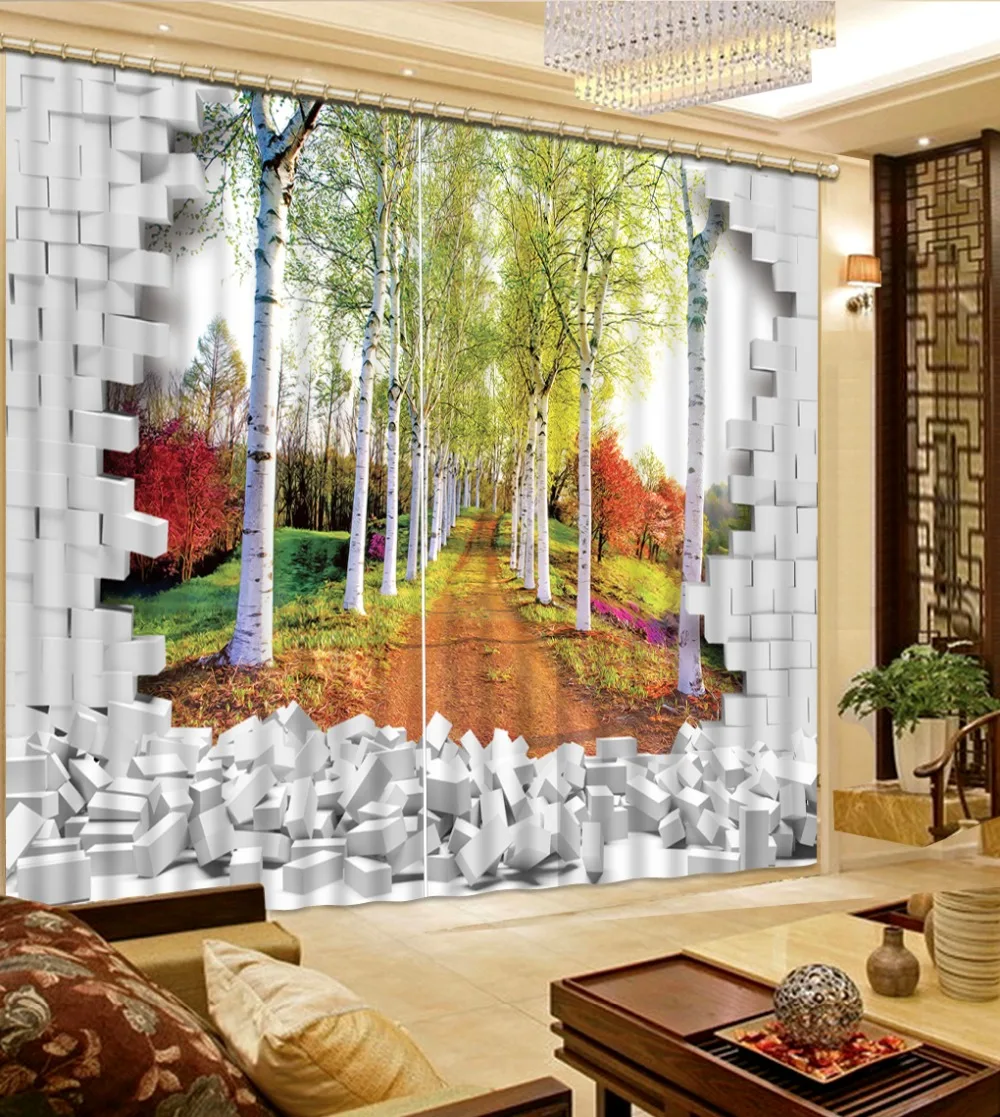 3D занавески для гостиной с принтом осенний лес Бесплатная затемненная занавеска